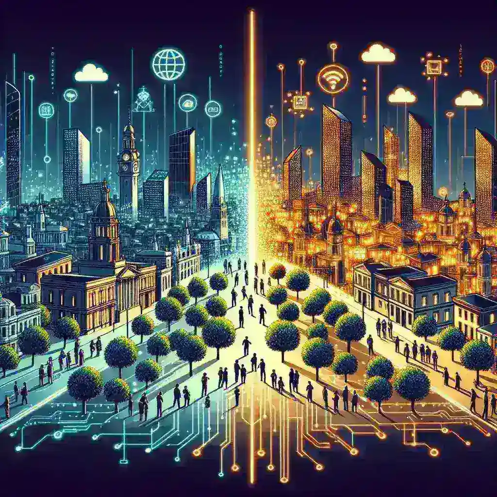 "Imagen que ilustra la inversión del Gobierno español en proyectos de ciudades gemelas digitales, mostrando un modelo digital de una ciudad con tecnología avanzada y gráficos futuristas."